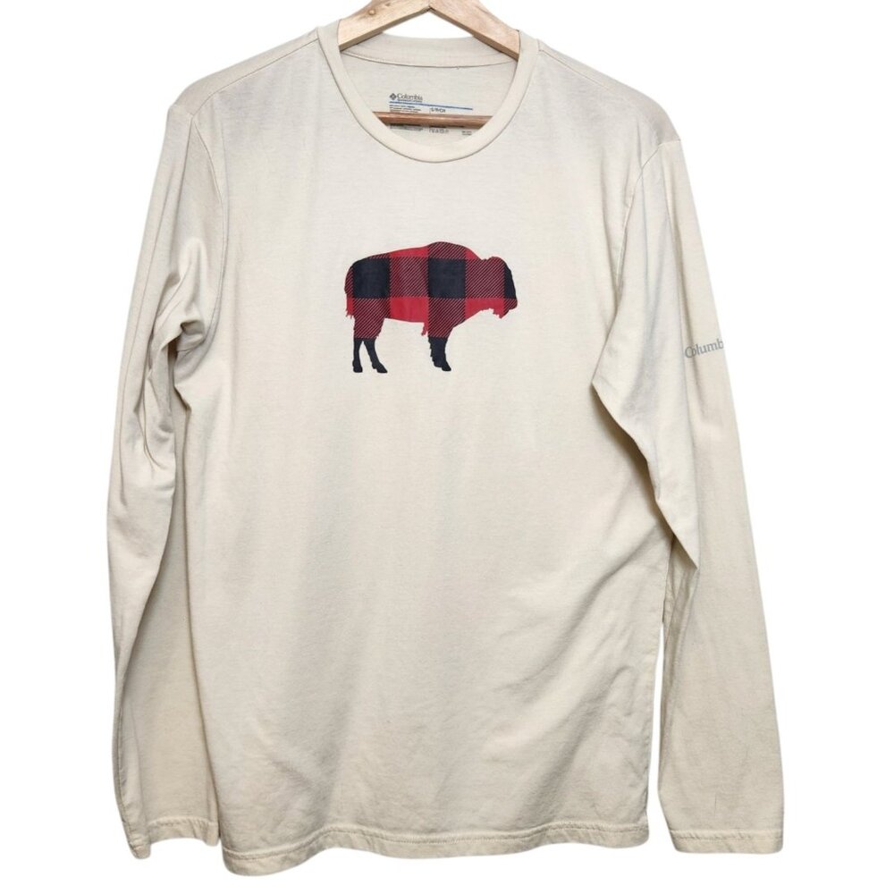 Columbia Men's Small Long Sleeve T-Shirt Buffalo Plaid Graphic Cream Red
